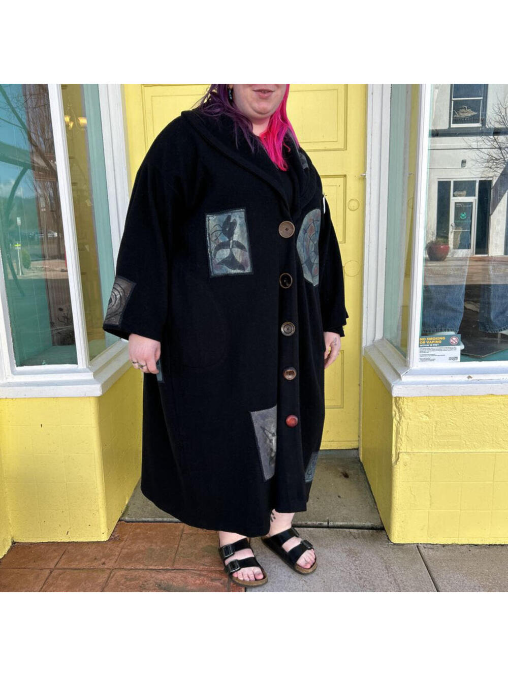 Women's Bluefish Wool Applique Overcoat Black Coat XL/XXL